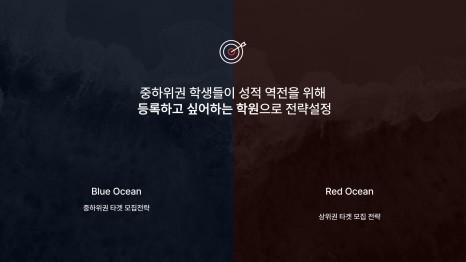중하위권 타깃은 블루오션, 상위권 타깃은 레드오션이라는 발표 슬라이드