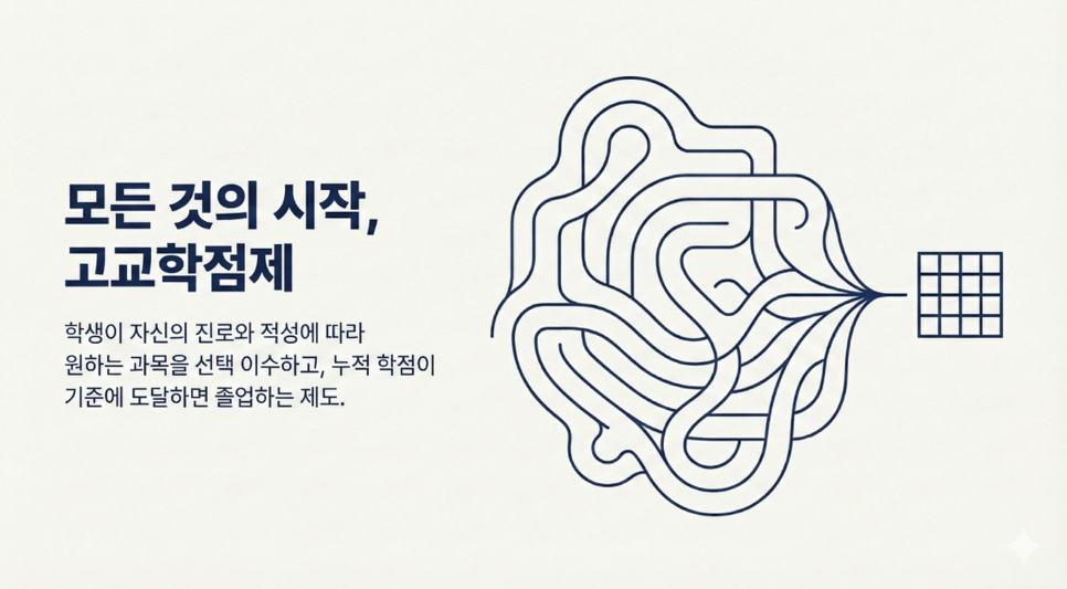 여러 갈래의 길이 하나로 모이는 미로로 고교학점제를 소개한 이미지