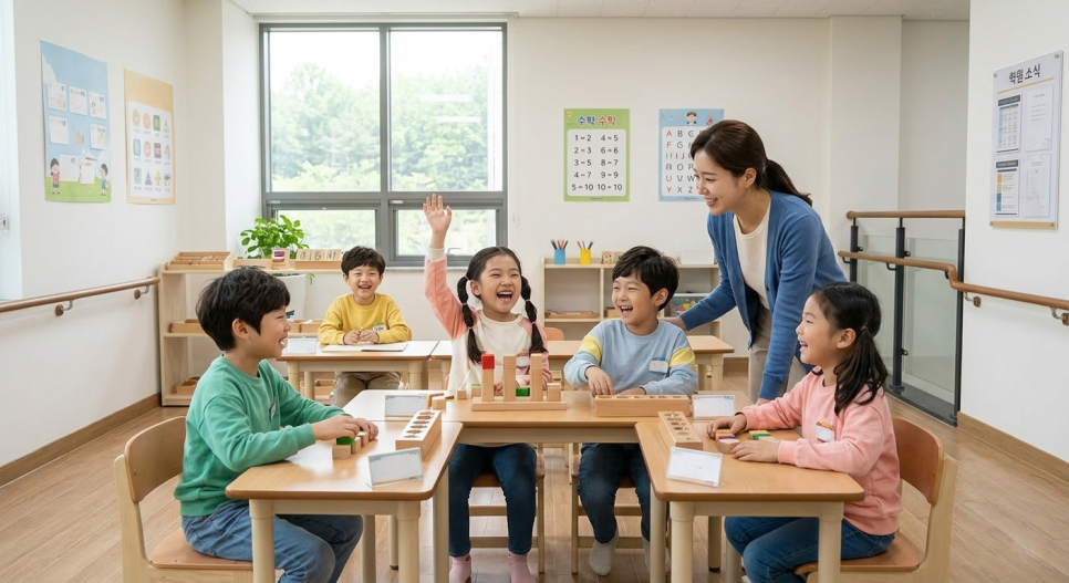 선생님과 아이들이 교구로 수업하는 교실