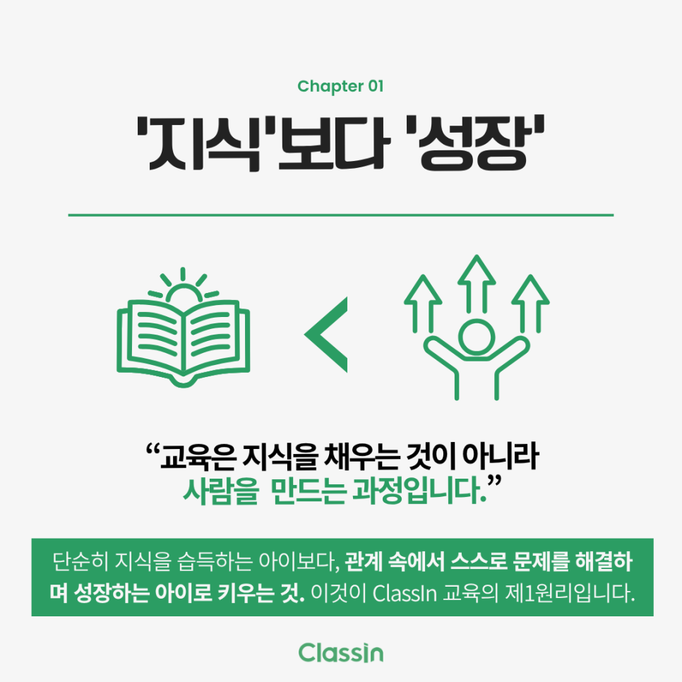지식을 채우는 일보다 사람을 키우는 일에 무게를 두는 교육관을 설명한 카드