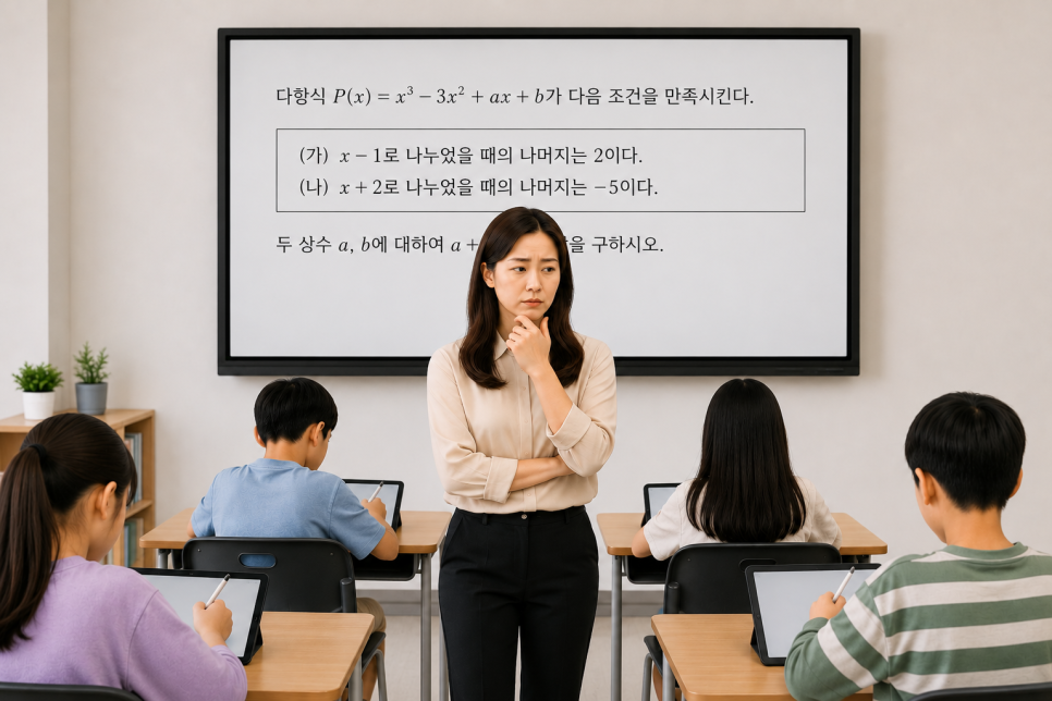 문제를 푸는 학생들을 보며 이해도를 가늠하는 교실 풍경
